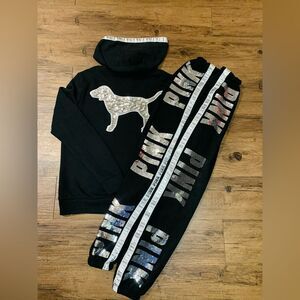 PINK VS BLING SILVER DOGGIE HOODIE / JOGGER PANTS OUTFIT SET S